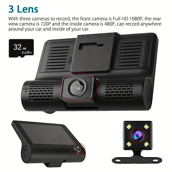 4-inch Large Screen Triple Recording Car DVR With Front, Interior, And Rear Cameras