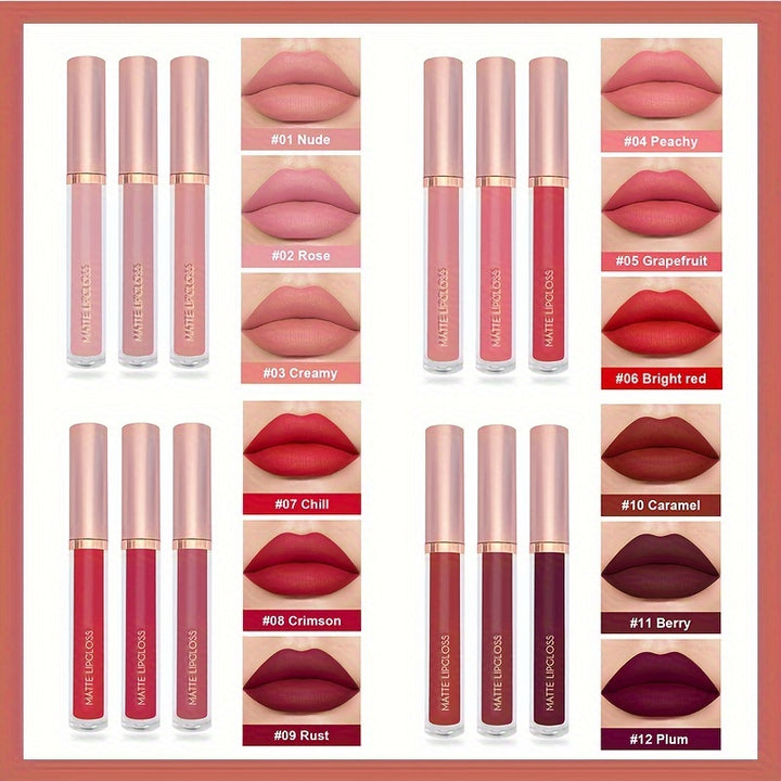 3 Pcs Matte Lipstick Lip Gloss Set Waterproof Non-Stick Cup Liquid Lipstick Matte Velvety.