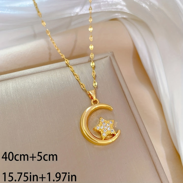 1pc Stainless Steel Moon Star Pendant Necklace For Women Girl.