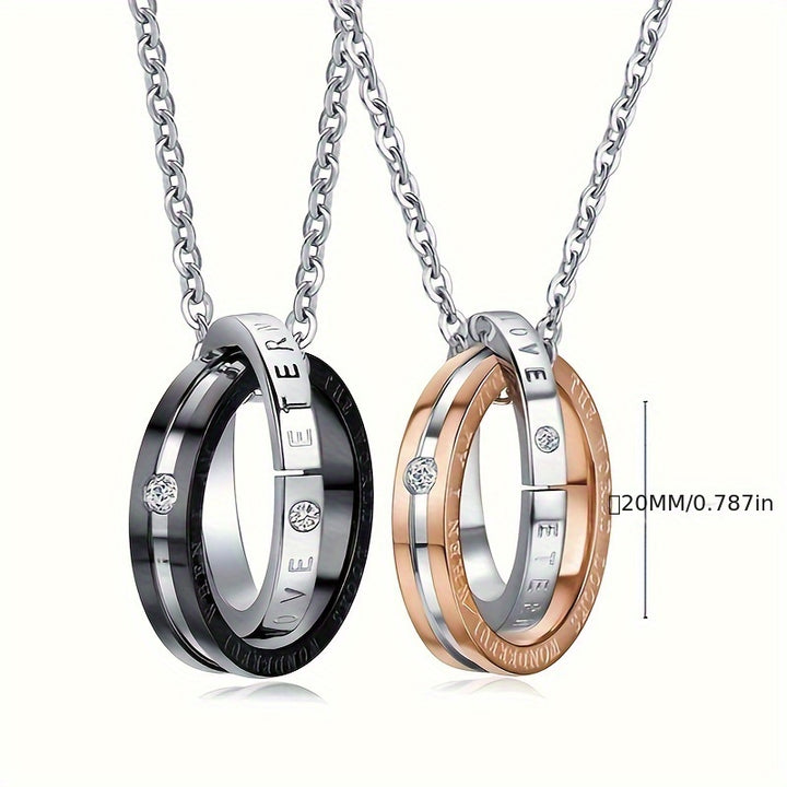 1pc Double Ring Stainless Steel Pendant, Jewelry Lot Classic Couple Necklace