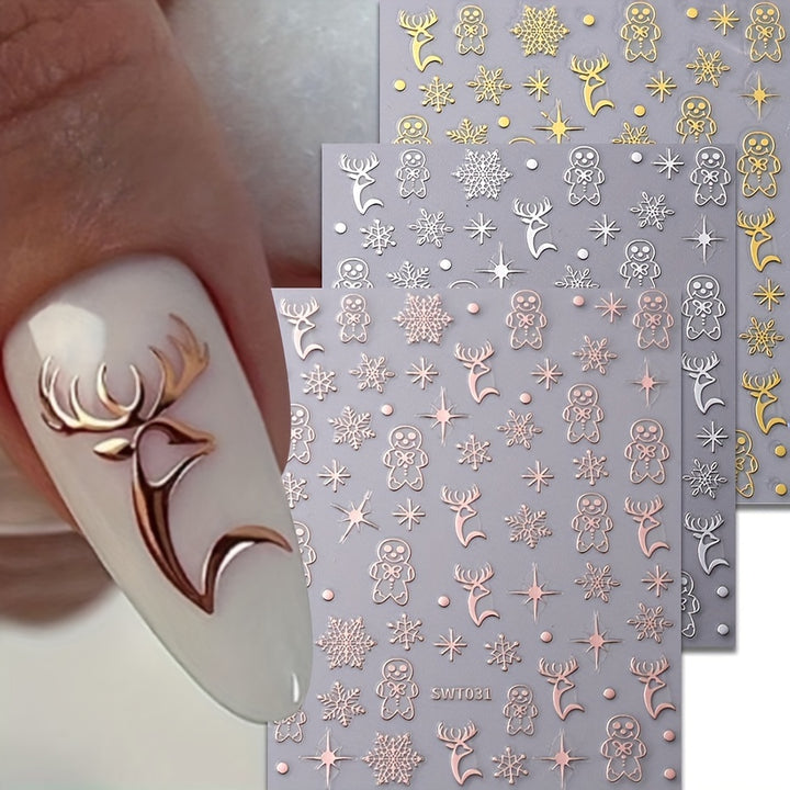 3pcs Christmas Nail Art Stickers - Golden, Silvery & Rose Golden.