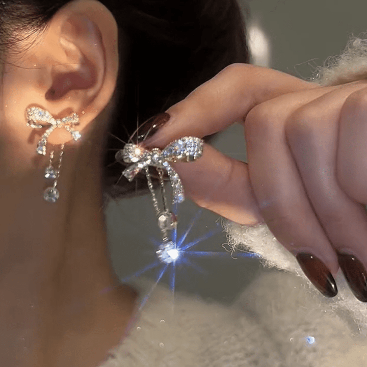 3D Bow Rhinestone Stud Earrings Crystal Elegant.