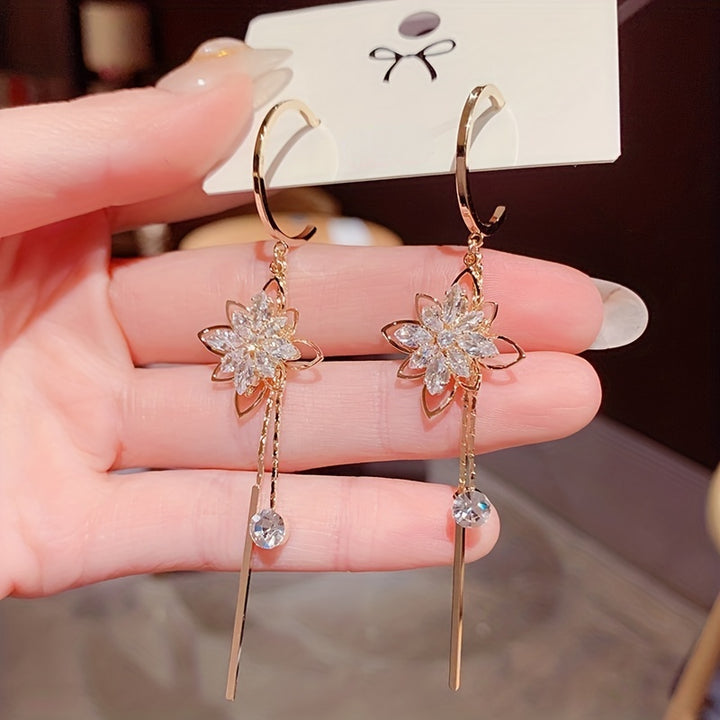 1pair Girl's Elegant Flower Zircon Long Drop Earrings, Silvery Earring Party Jewelry Gift