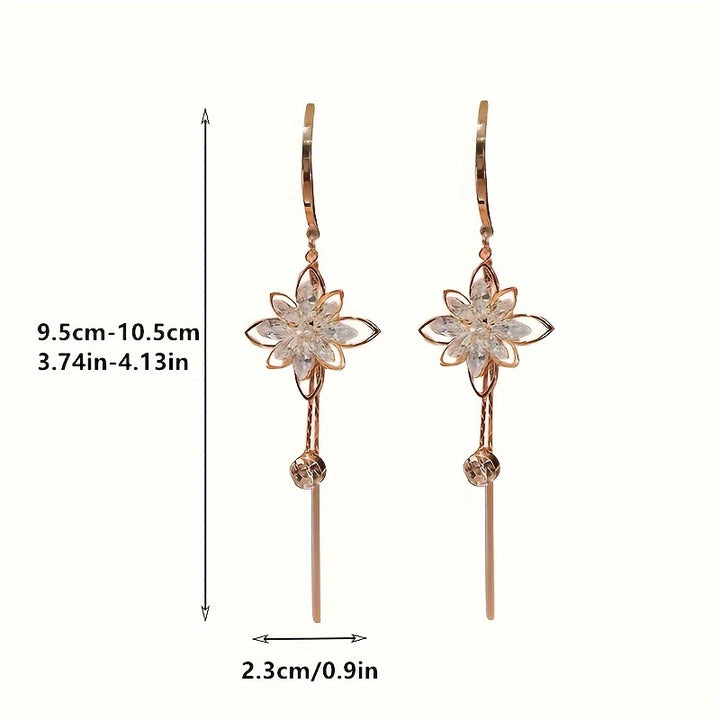 1pair Girl's Elegant Flower Zircon Long Drop Earrings, Silvery Earring Party Jewelry Gift