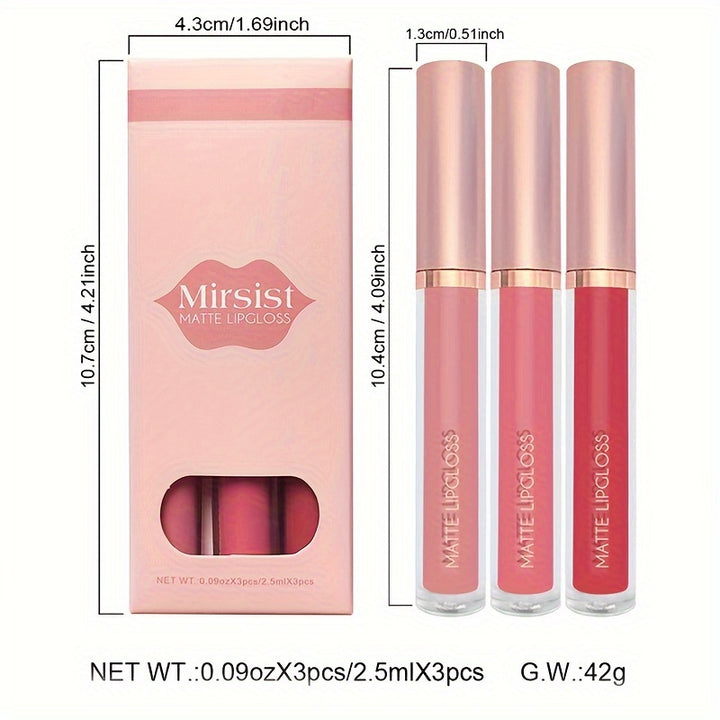 3 Pcs Matte Lipstick Lip Gloss Set Waterproof Non-Stick Cup Liquid Lipstick Matte Velvety.