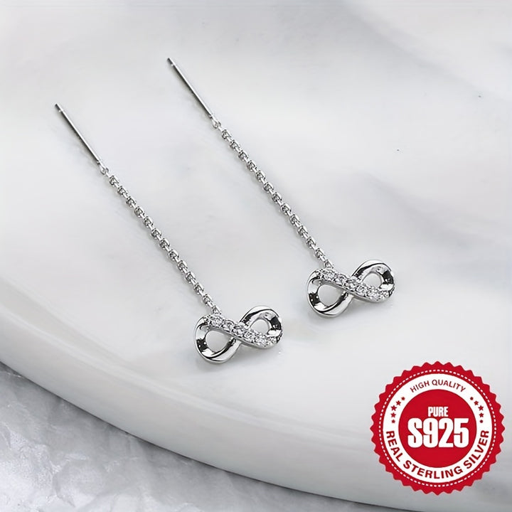 Simple 8-shaped Stud Earrings With Long Tassel Design 925 Sterling Silver.