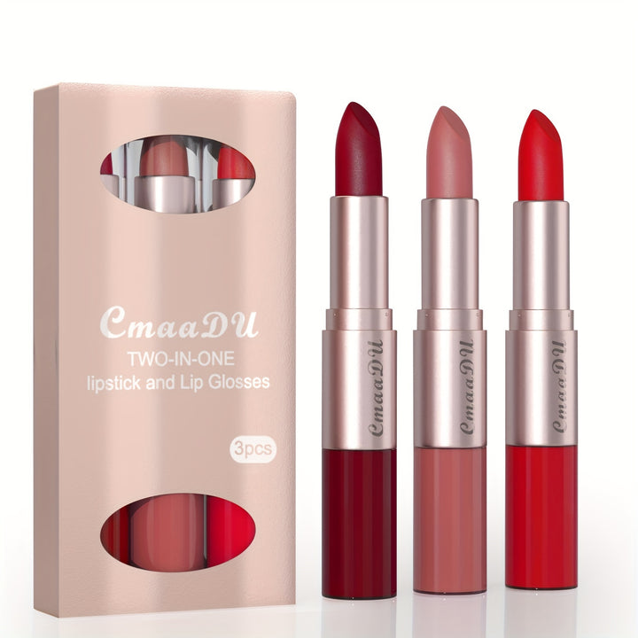 3-in-1 Matte Lipstick And Lip Gloss Set, Includes 3 Shade Suitable For Women Daily Makeup