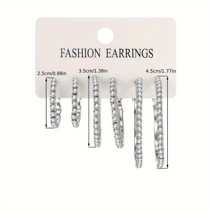 6-Piece Set Simple Hoop Earrings with Rhinestones, Zinc Alloy & Stainless Steel.