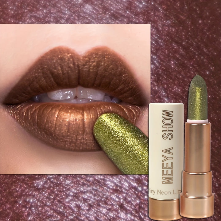 Metallic Golden Shine Lipstick, Bronze Shimmer, Glitter Finish.