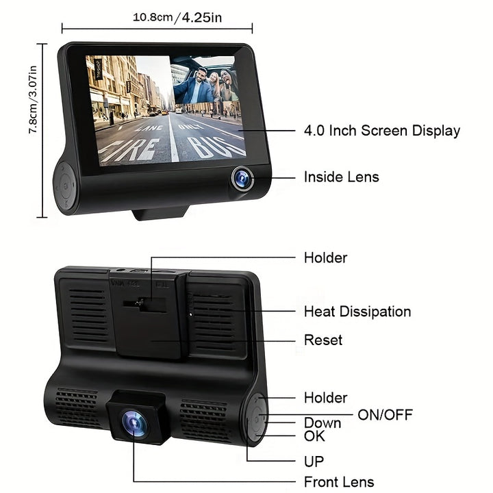 4-inch Large Screen Triple Recording Car DVR With Front, Interior, And Rear Cameras