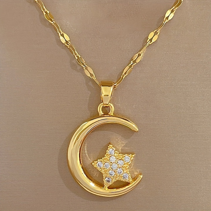 1pc Stainless Steel Moon Star Pendant Necklace For Women Girl.