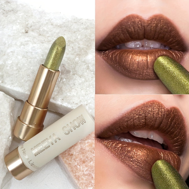 Metallic Golden Shine Lipstick, Bronze Shimmer, Glitter Finish.