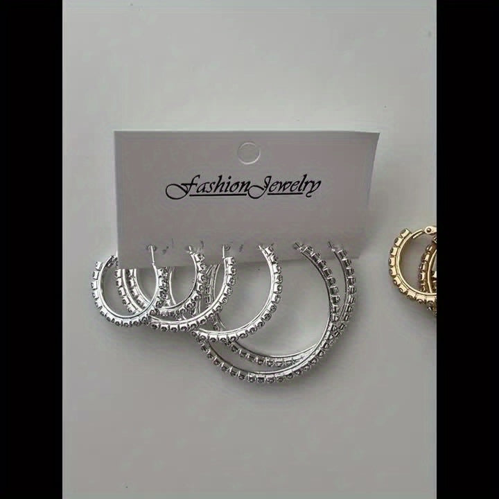 6-Piece Set Simple Hoop Earrings with Rhinestones, Zinc Alloy & Stainless Steel.