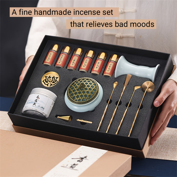 Luxury 15pcs Incense Gift Set with Elegant Burners & Brass Tools.