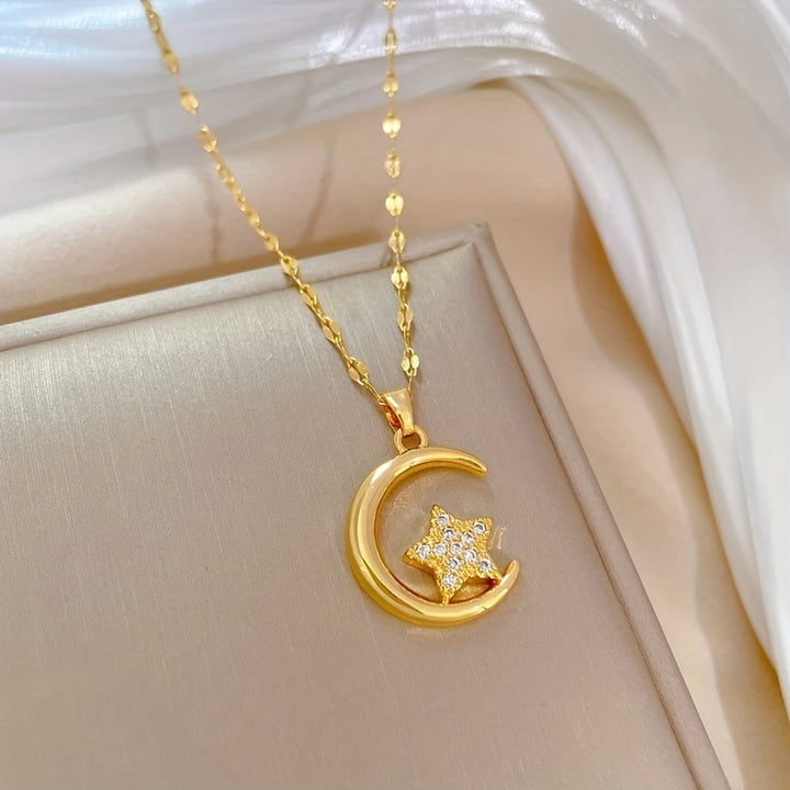 1pc Stainless Steel Moon Star Pendant Necklace For Women Girl.