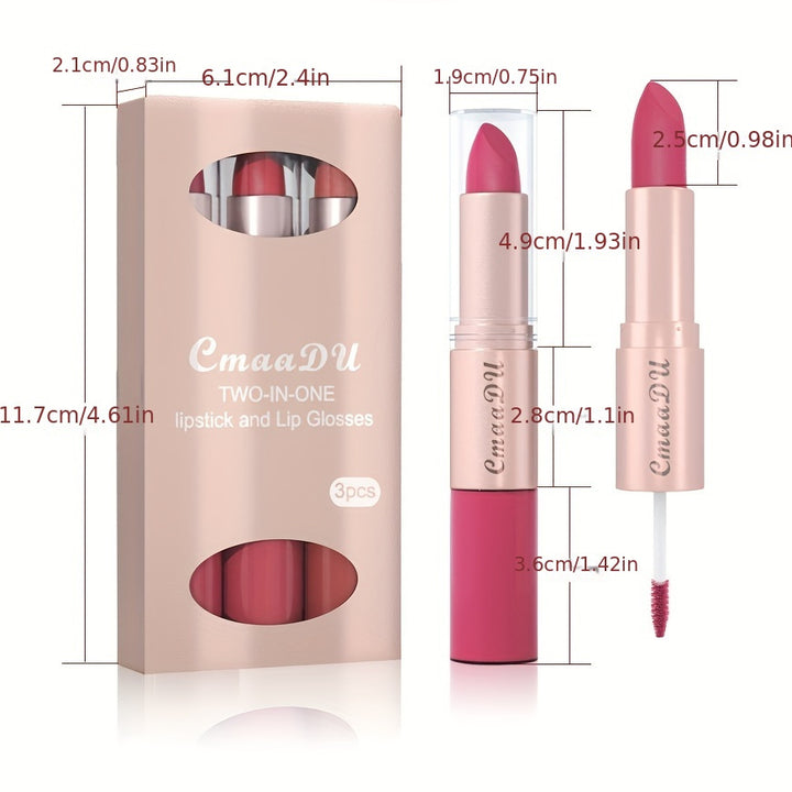 3-in-1 Matte Lipstick And Lip Gloss Set, Includes 3 Shade Suitable For Women Daily Makeup