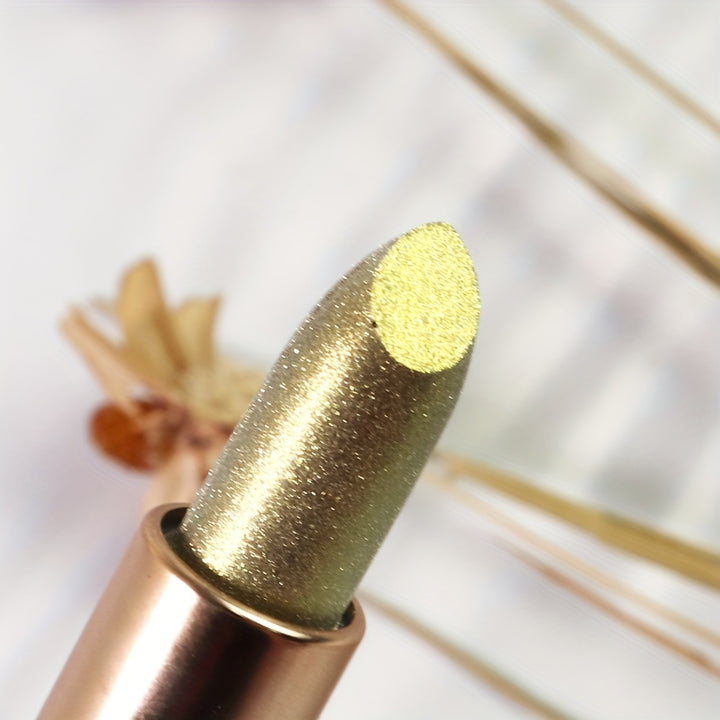 Metallic Golden Shine Lipstick, Bronze Shimmer, Glitter Finish.