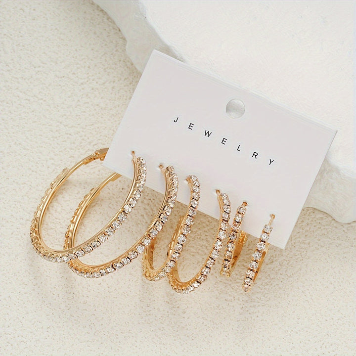 6-Piece Set Simple Hoop Earrings with Rhinestones, Zinc Alloy & Stainless Steel.