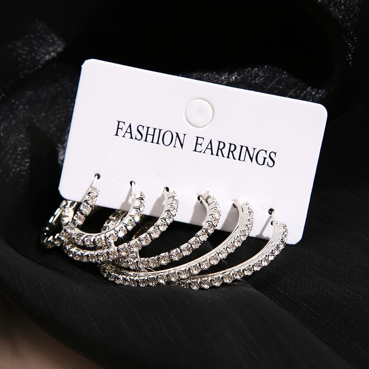 6-Piece Set Simple Hoop Earrings with Rhinestones, Zinc Alloy & Stainless Steel.