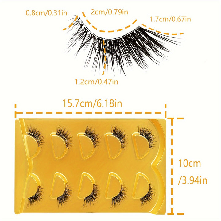 5 Pairs Cat Eye Half-Lash Set, 5-10mm D Curl, Natural.