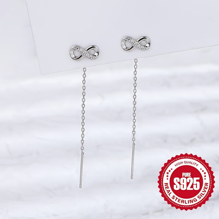 Simple 8-shaped Stud Earrings With Long Tassel Design 925 Sterling Silver.