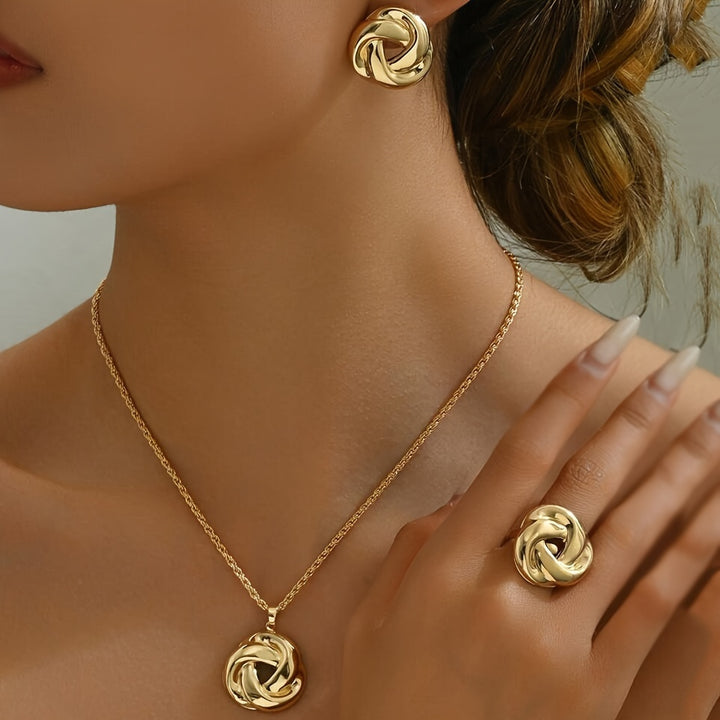 Boho-Chic 3pcs Jewelry Set for Women - Geometric Rose Flower Necklace.