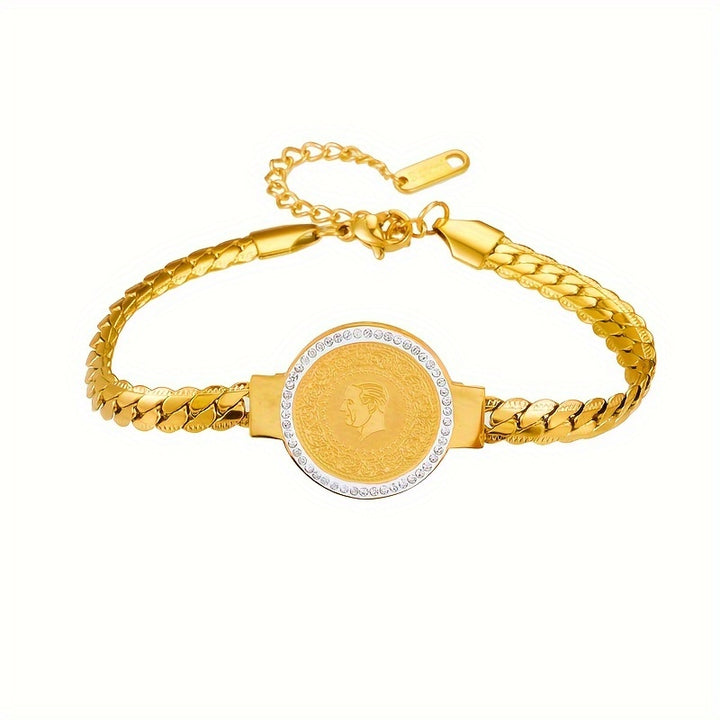 1pc Fashion Stainless Steel Coin Bracelet, Creative golden Plated Head Coin Design Bracelet.