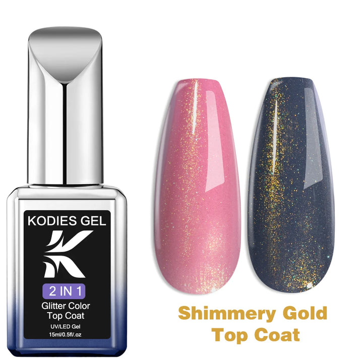 KODIES GEL 15ML Gel Nail Polish Glitter Top Coat No Wipe 2 IN 1 UV.