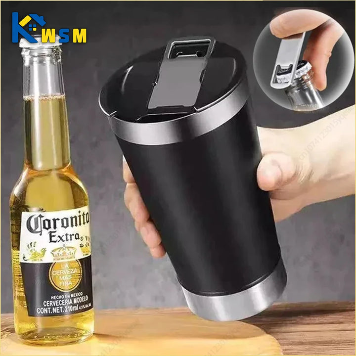 473ml Cold Beer Cup With Bottle Opener Lid Stainless Steel Thermos Water Coffee.