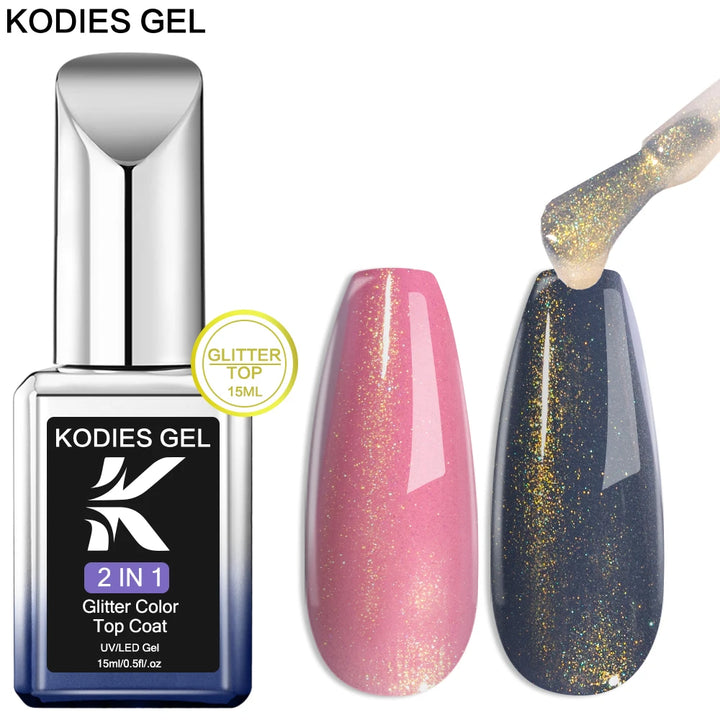 KODIES GEL 15ML Gel Nail Polish Glitter Top Coat No Wipe 2 IN 1 UV.