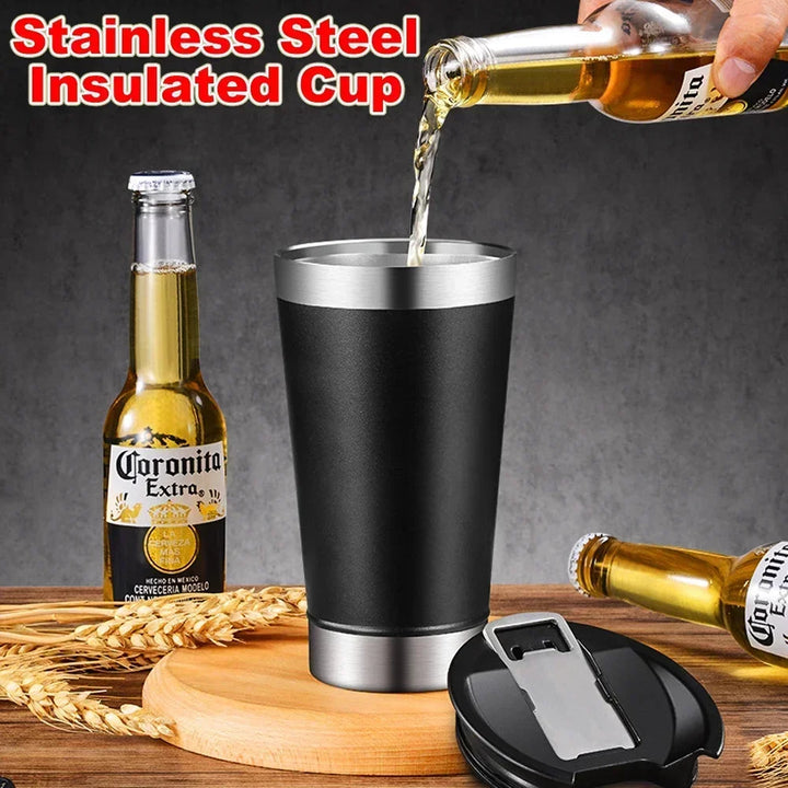 473ml Cold Beer Cup With Bottle Opener Lid Stainless Steel Thermos Water Coffee.