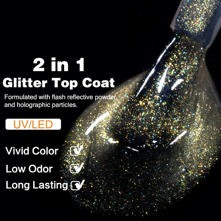 KODIES GEL 15ML Gel Nail Polish Glitter Top Coat No Wipe 2 IN 1 UV.