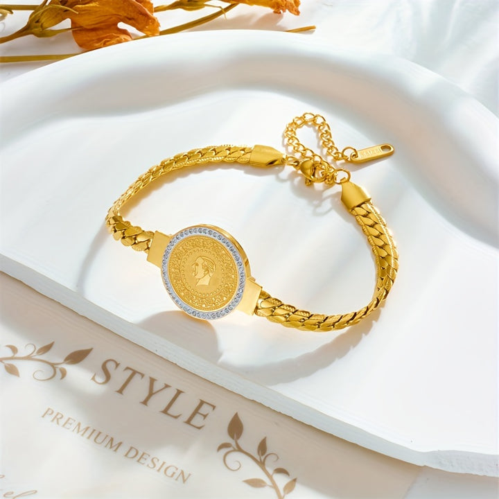 1pc Fashion Stainless Steel Coin Bracelet, Creative golden Plated Head Coin Design Bracelet.