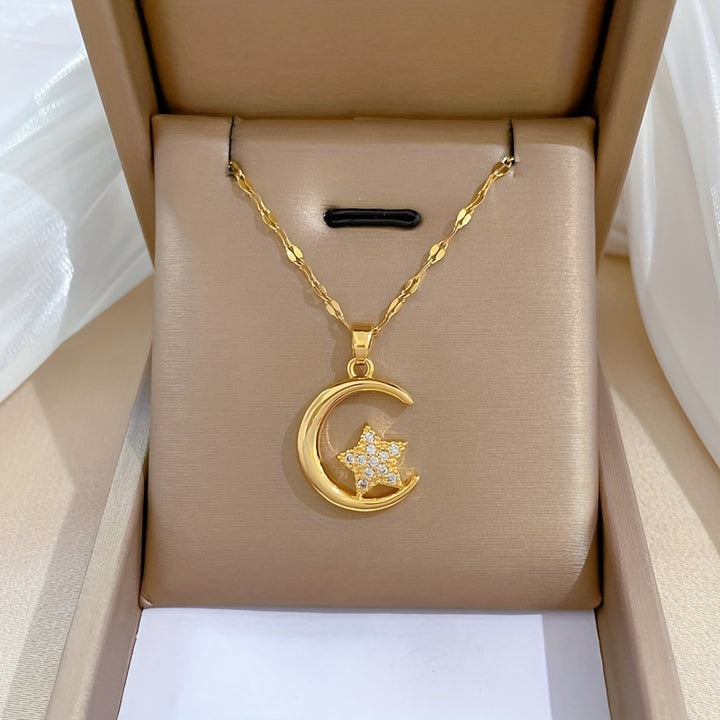 1pc Stainless Steel Moon Star Pendant Necklace For Women Girl.