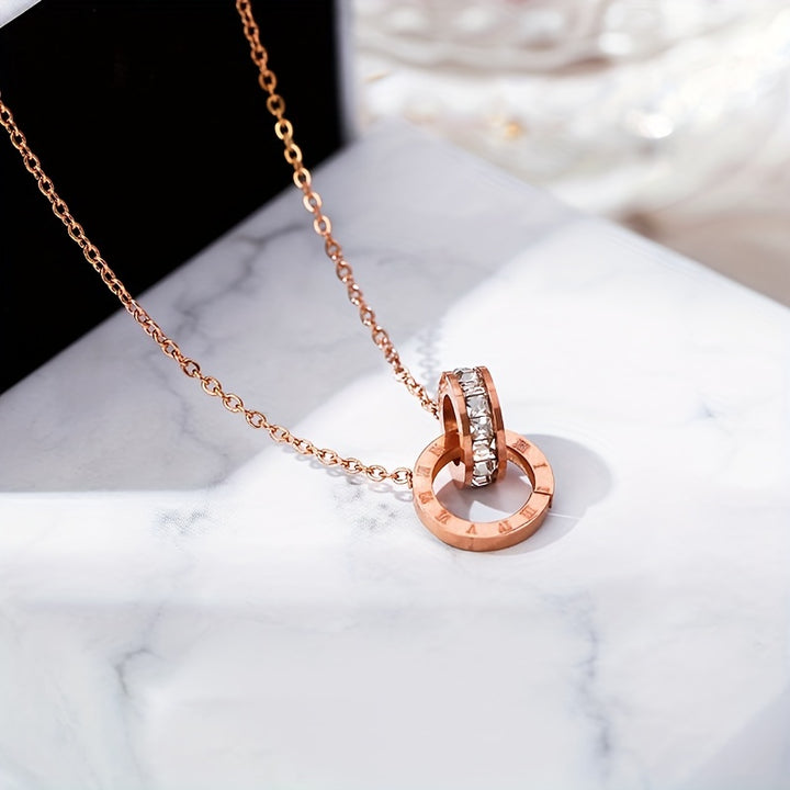 1pc Trendy Creative Double Rings Roman Numeral Pendant Necklace.