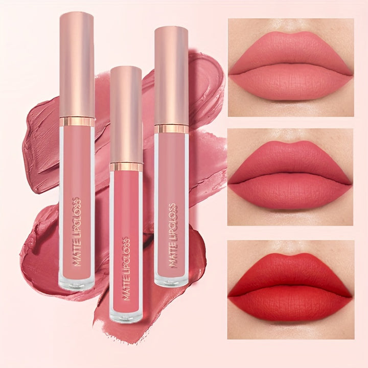 3 Pcs Matte Lipstick Lip Gloss Set Waterproof Non-Stick Cup Liquid Lipstick Matte Velvety.