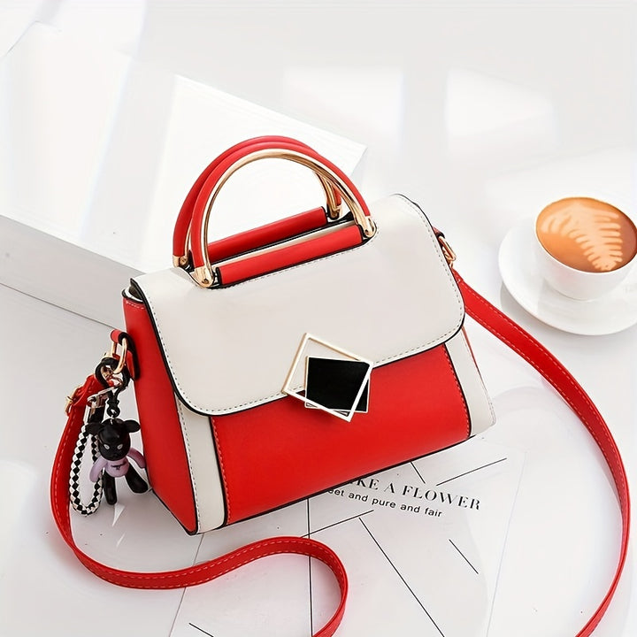 Color Contrast Crossbody Bag, Fashion PU Leather Handbag, Women's Top Handle Flap Purse