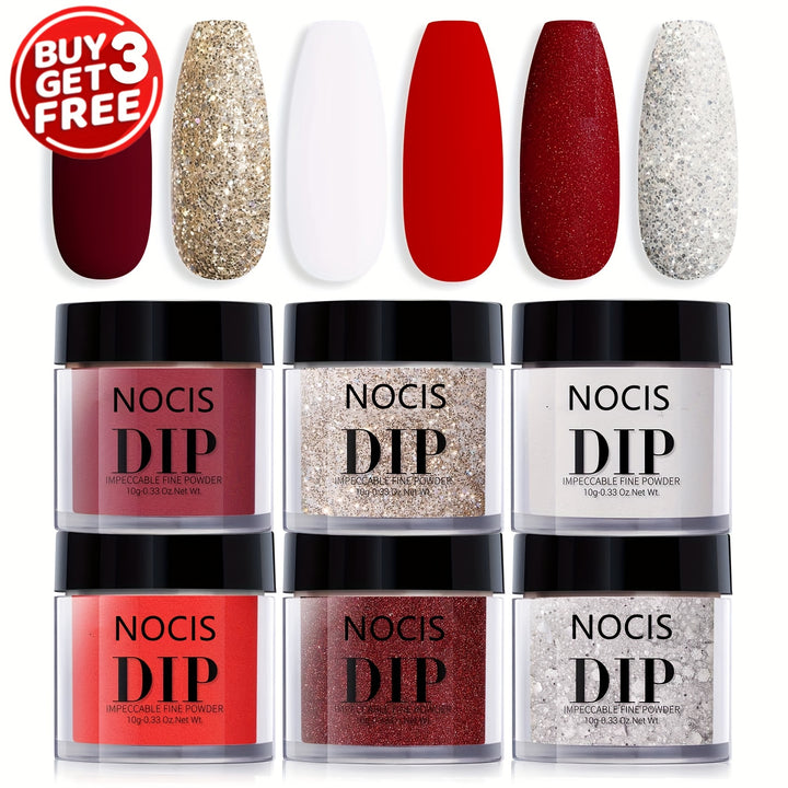 6pcs Dip Powder Nail, Red Burgundy Rose Berry Sparkle White Silvery Glitter Christmas.