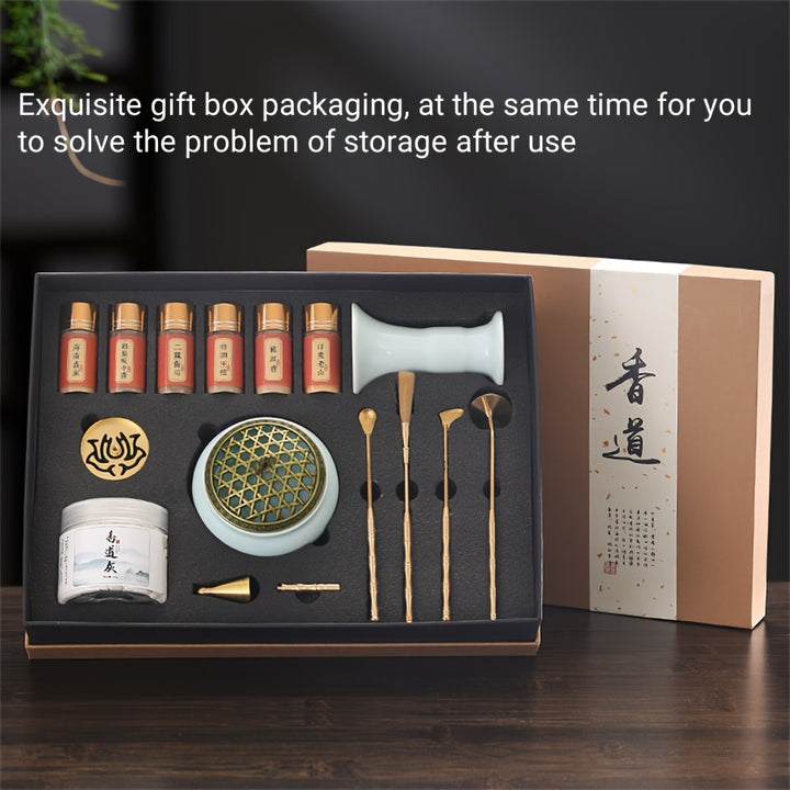 Luxury 15pcs Incense Gift Set with Elegant Burners & Brass Tools.