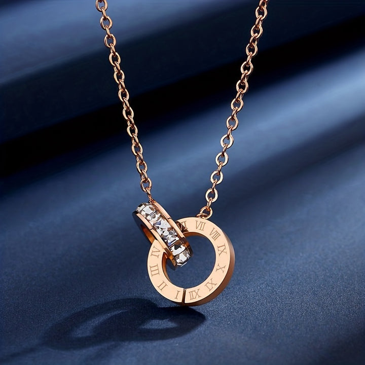 1pc Trendy Creative Double Rings Roman Numeral Pendant Necklace.