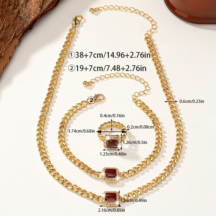 Necklace + Bracelet + Ring Chic Jewelry Set 14k Gold Plated Inlaid Rhinestone.