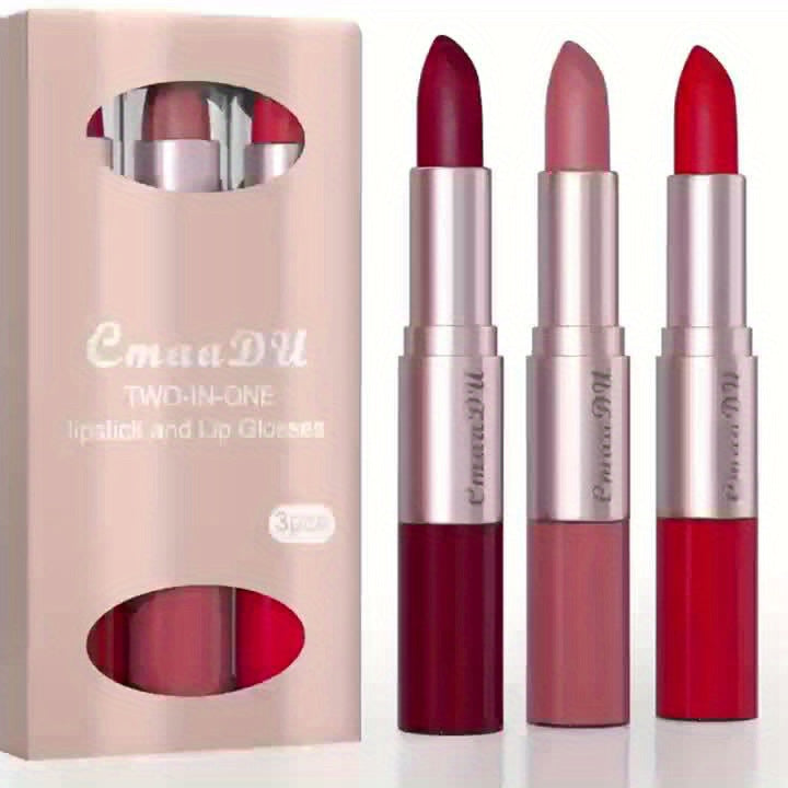 3-in-1 Matte Lipstick And Lip Gloss Set, Includes 3 Shade Suitable For Women Daily Makeup