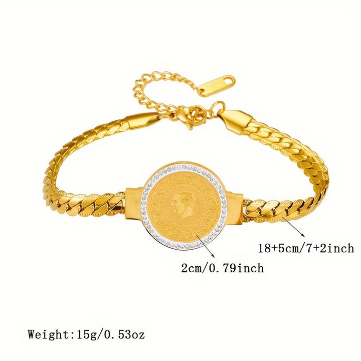 1pc Fashion Stainless Steel Coin Bracelet, Creative golden Plated Head Coin Design Bracelet.