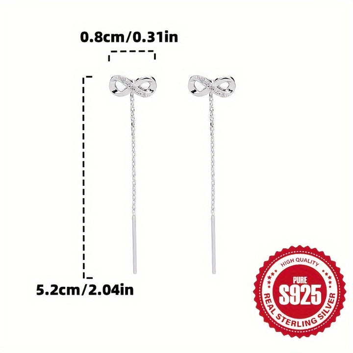 Simple 8-shaped Stud Earrings With Long Tassel Design 925 Sterling Silver.